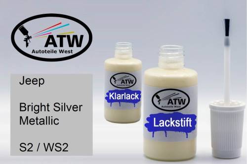 Jeep, Bright Silver Metallic, S2 / WS2: 20ml Lackstift + 20ml Klarlack - Set, von ATW Autoteile West.